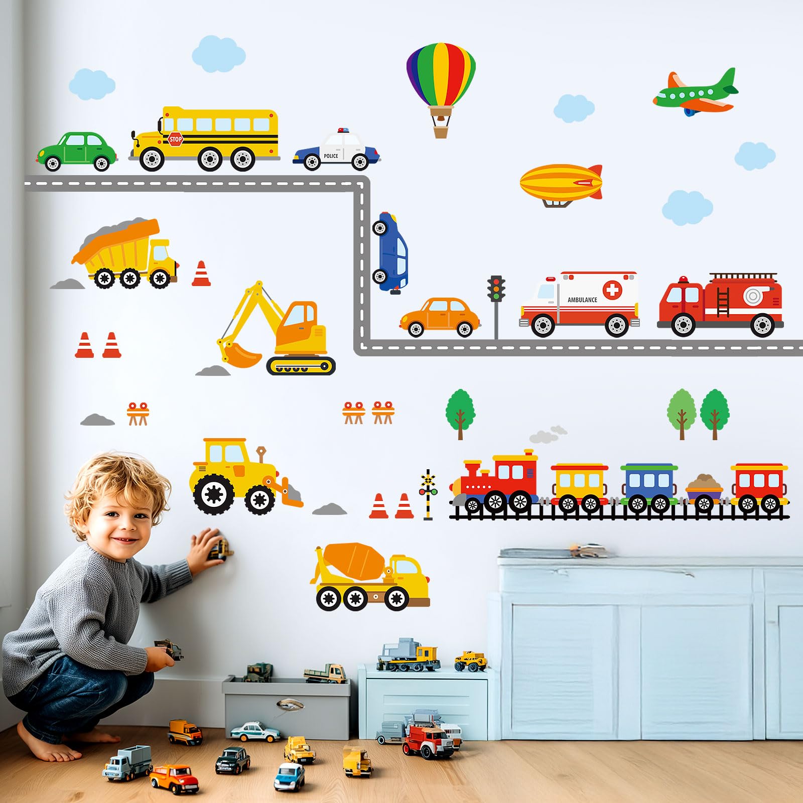 DECOWALL DS-8047 Trucks wall stickers brighten playroom walls with easy peel-and-stick application.