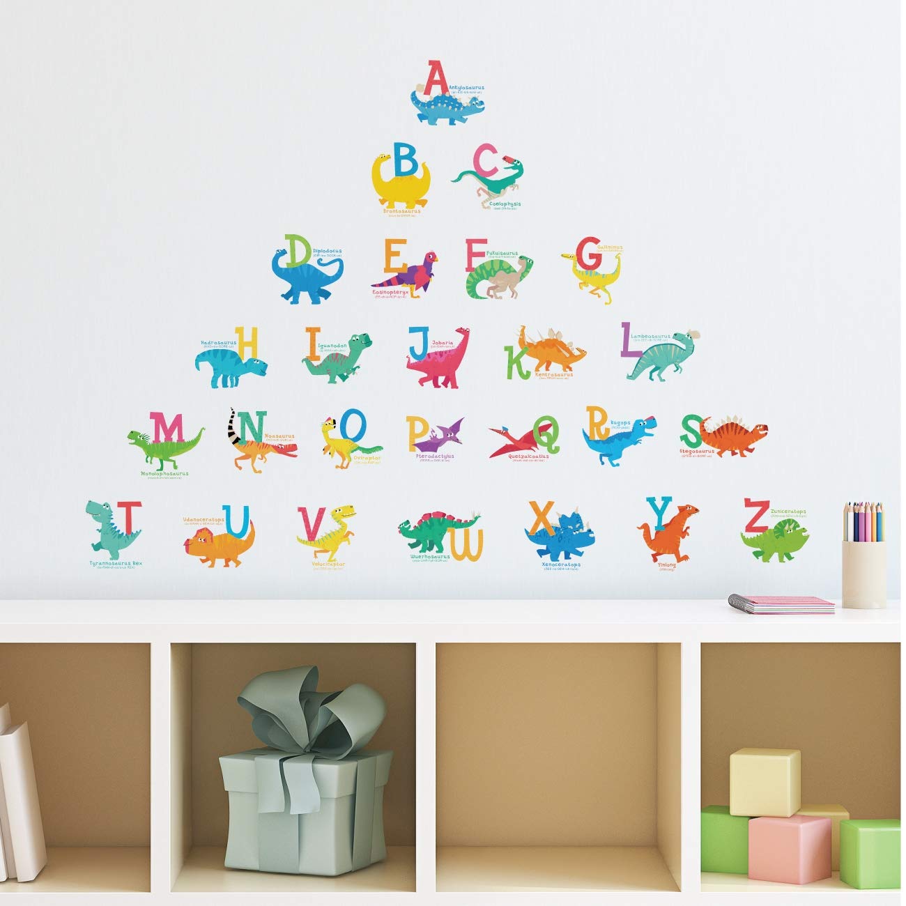 DECOWALL DS4-8033 small wall stickers show playful dinos as classroom-inspired mural.