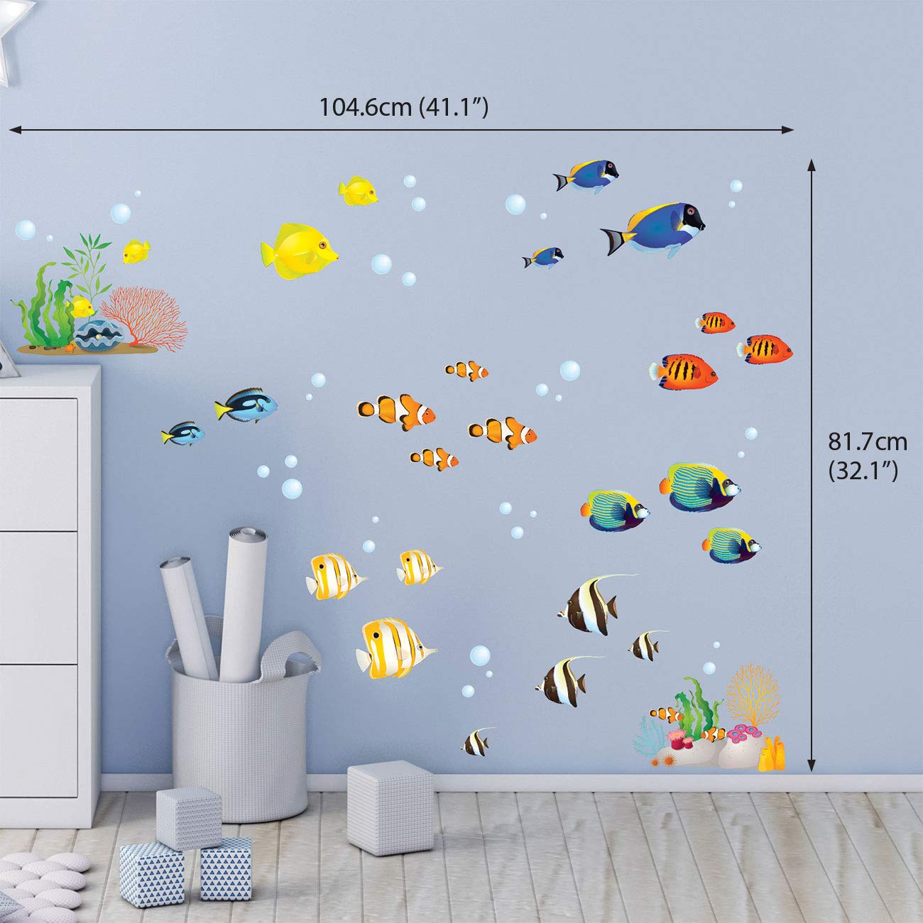 DECOWALL DS-8035 coral reef fish wall-detail highlights easy, residue-free removal