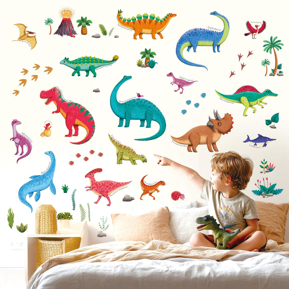 DECOWALL DS9-2115 dinosaur wall decal set brightens kids' room for playful learning.