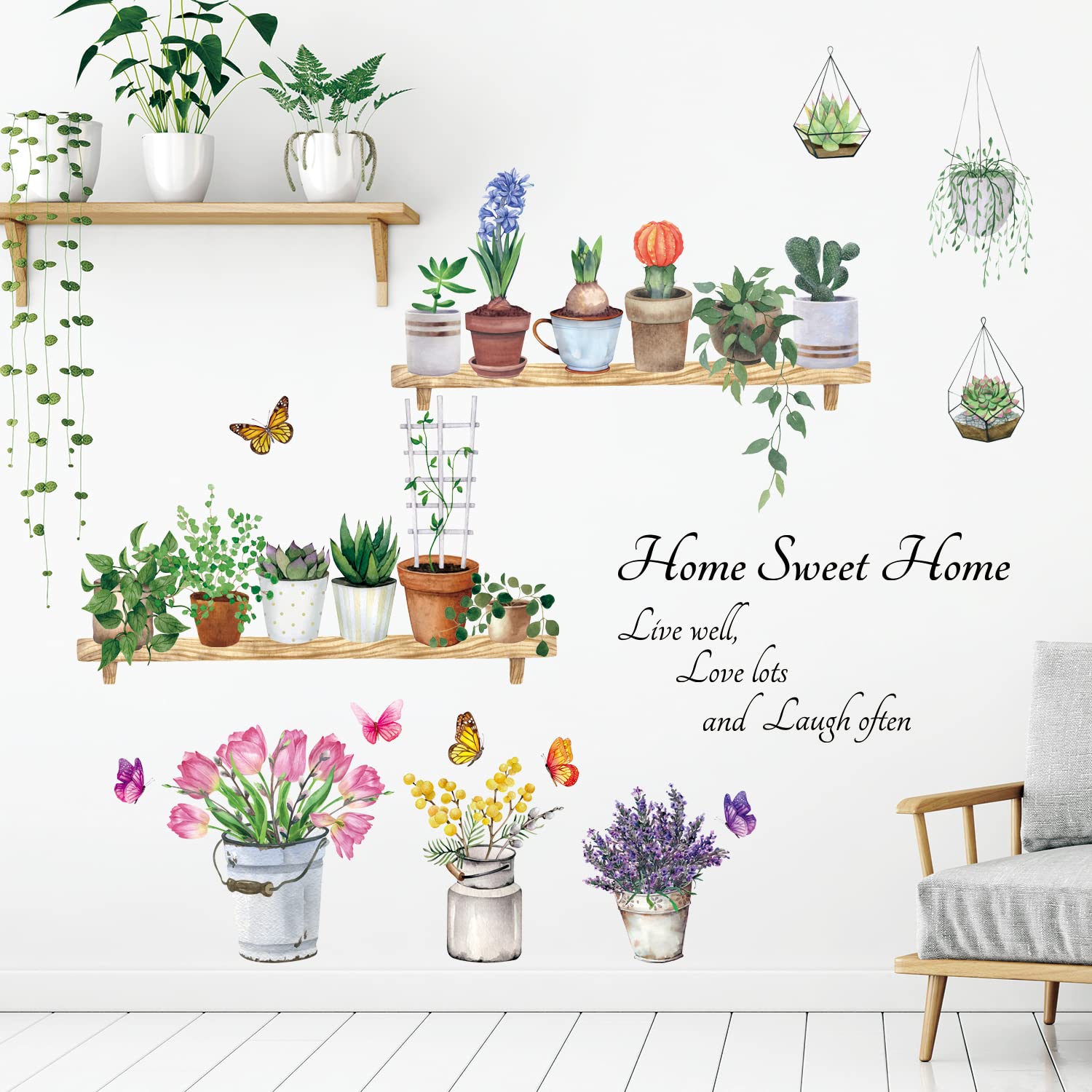 DECOWALL DS9-8055 flower pots wall decal living room greenery accent and easy update