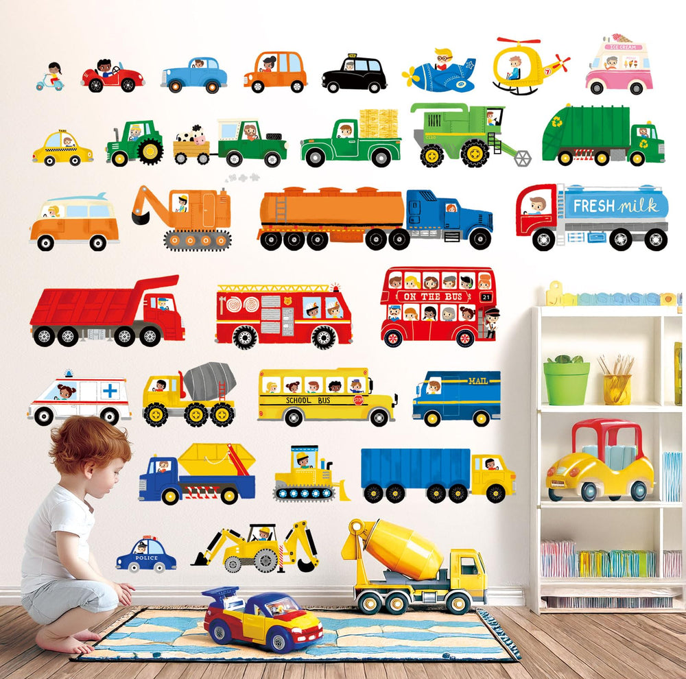 DECOWALL DS9-8064 transport vehicles wall sticker set for kids room decor, easy to clean and remove.