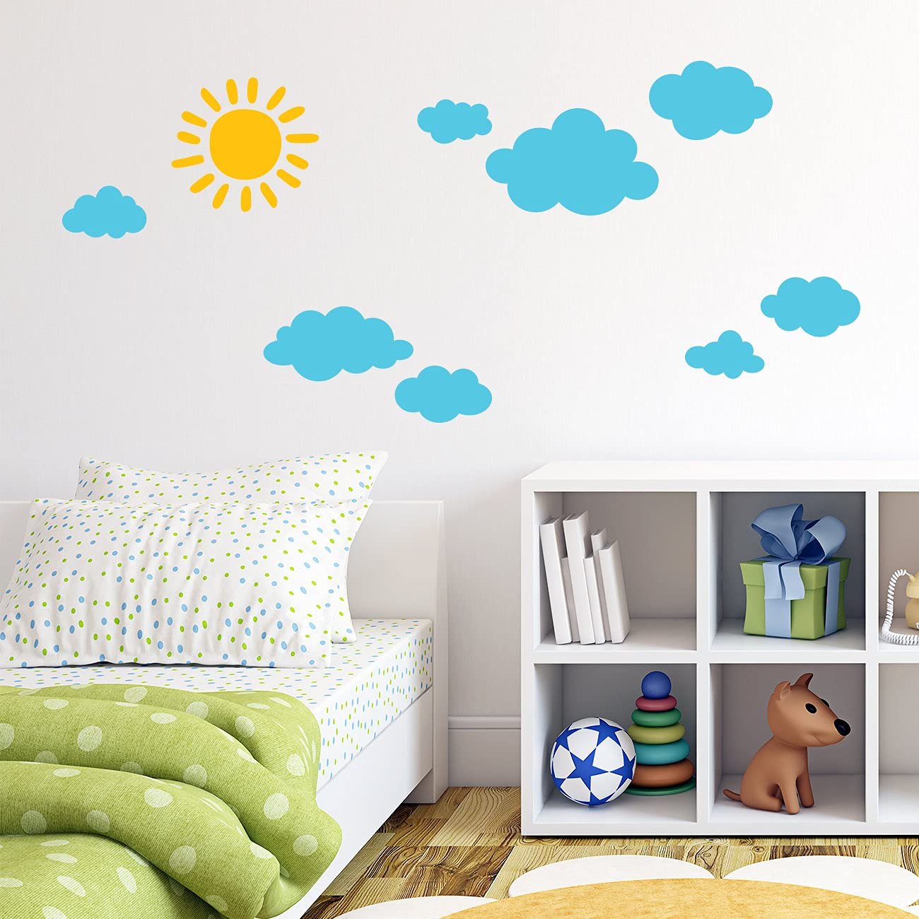 DECOWALL DWG-707SBY sun and clouds stickers brighten kids' room with a cheerful sky theme.
