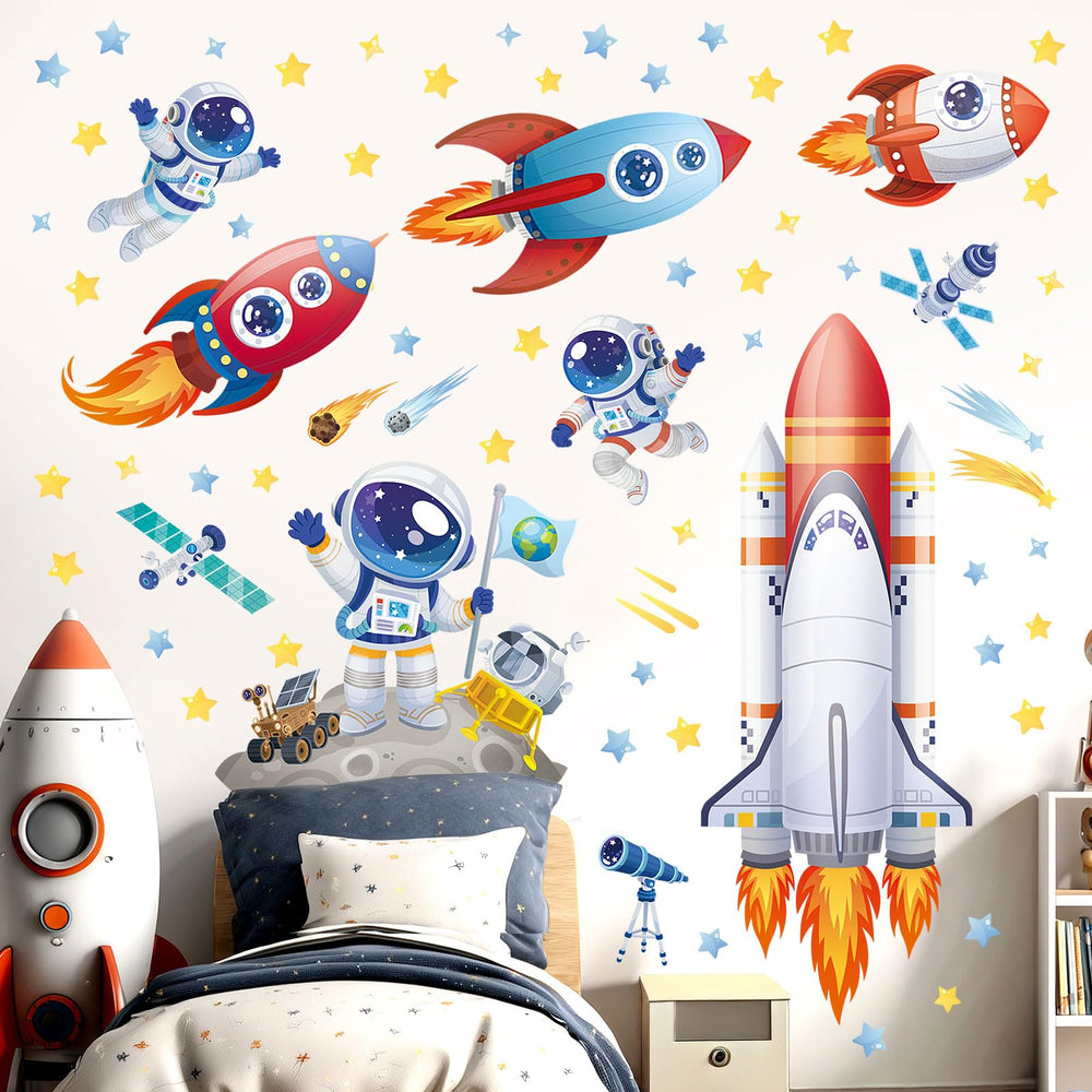 DECOWALL rocket-astronaut nursery decor promotes imaginative play and learning.