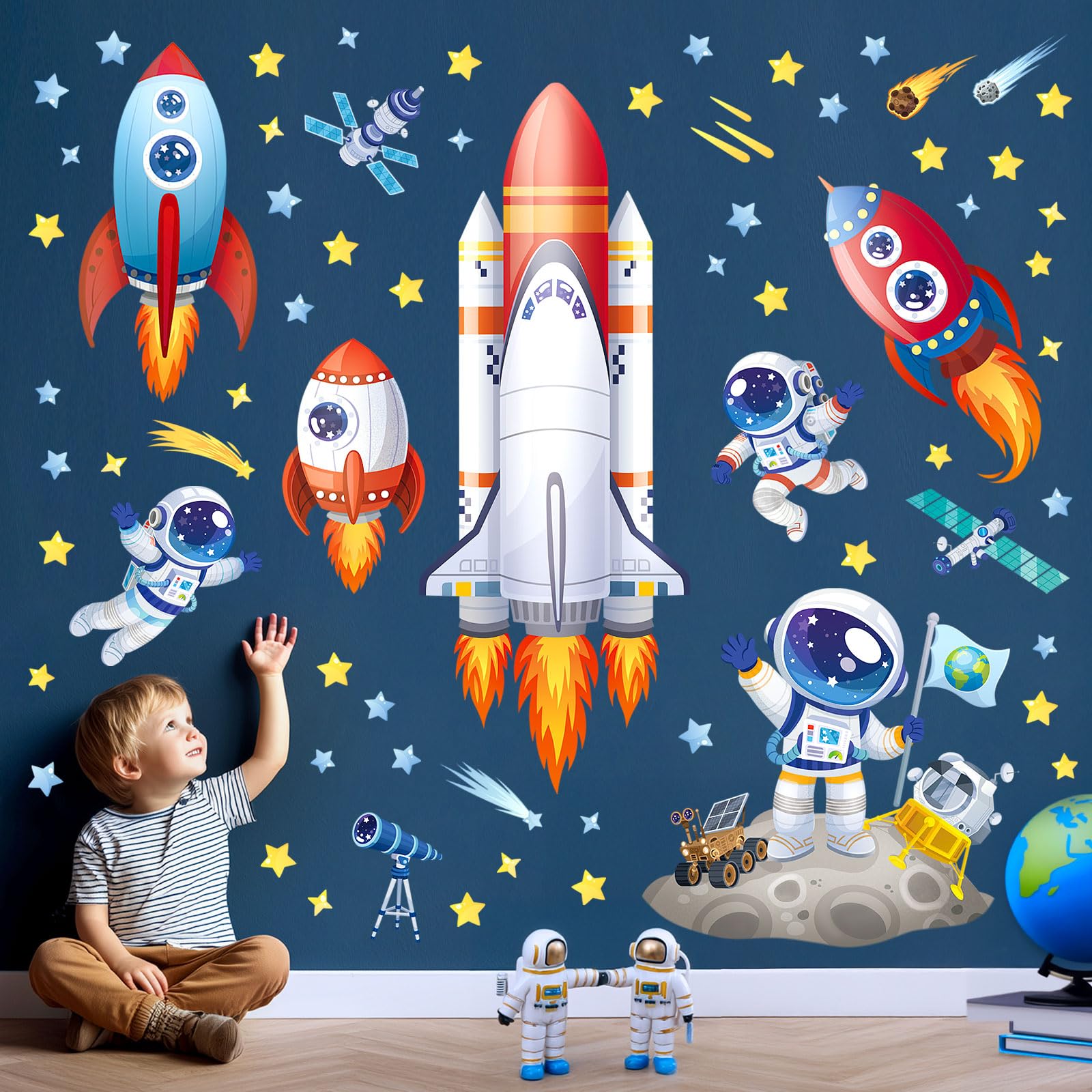 DECOWALL rocket-astronaut wall stickers create a vivid space scene for nursery decor.