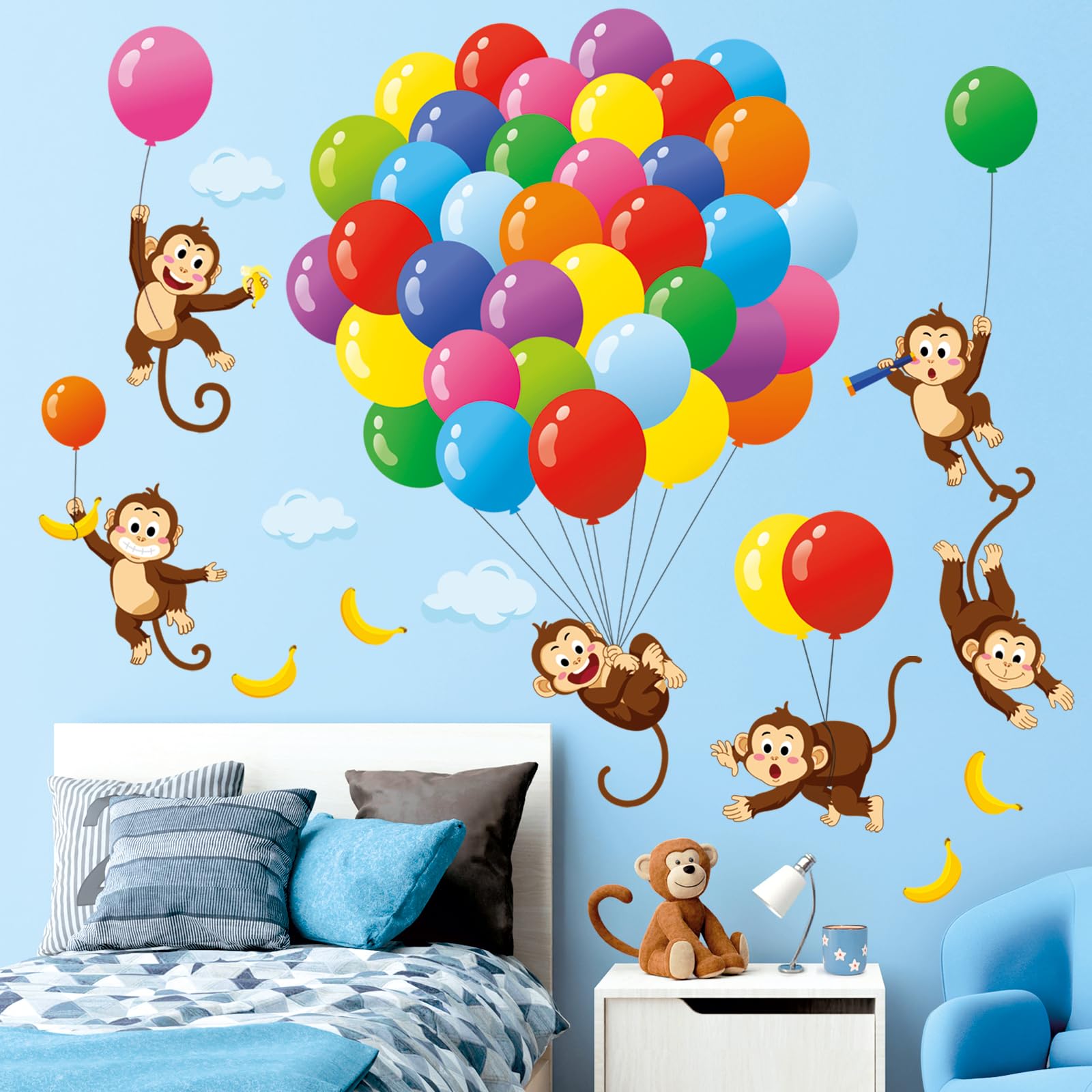 DECOWALL SG-2202 nursery-decor-balloons-monkeys shows easy peel and stick with no mess