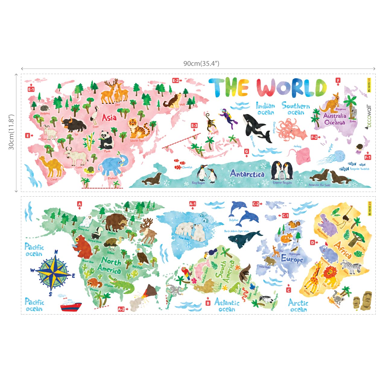 DECOWALL SG2-1615S educational world map with animal icons for learning