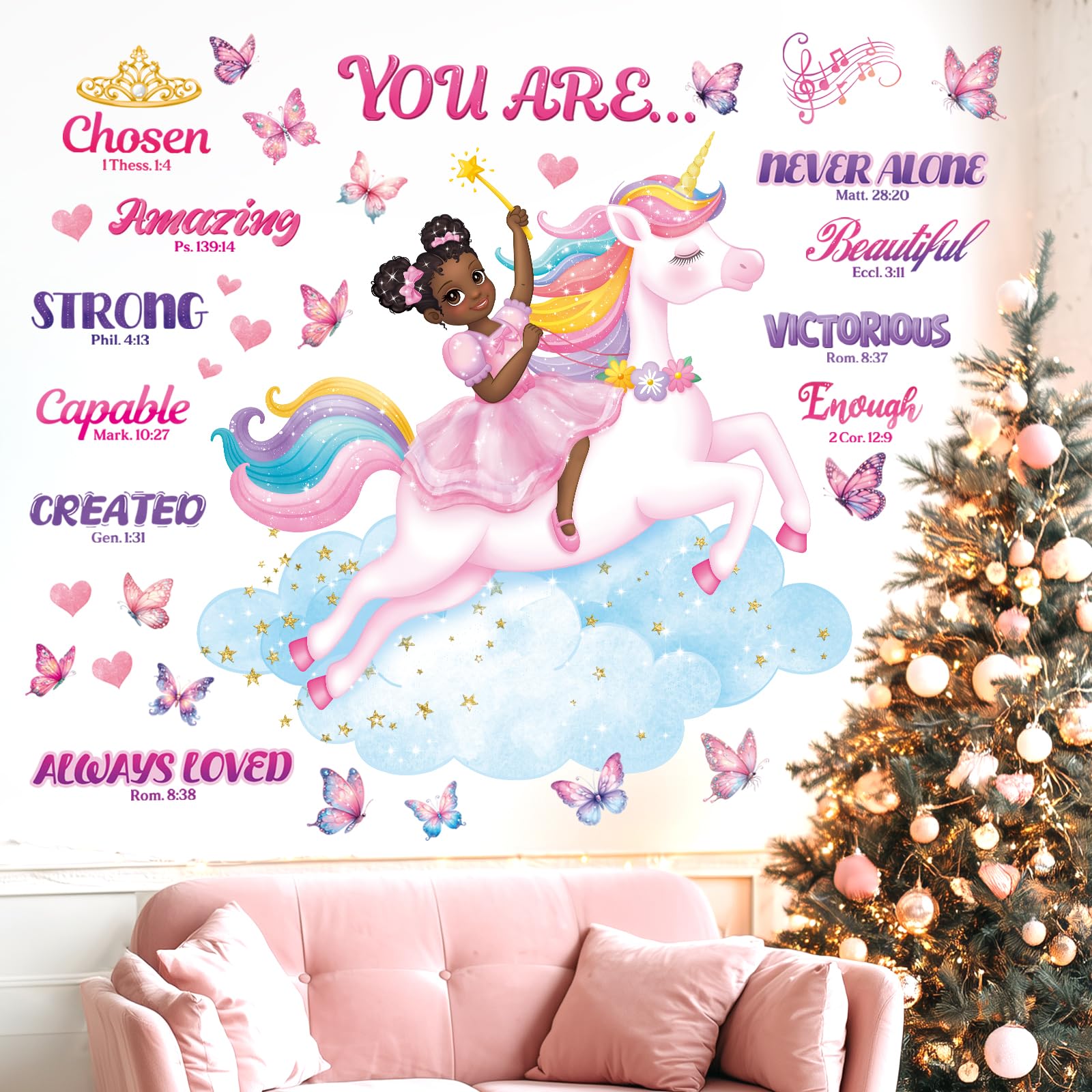 DECOWALL SG2-2503 black girl unicorn Bible verse wall sticker pack for kids' rooms, easy-peel.