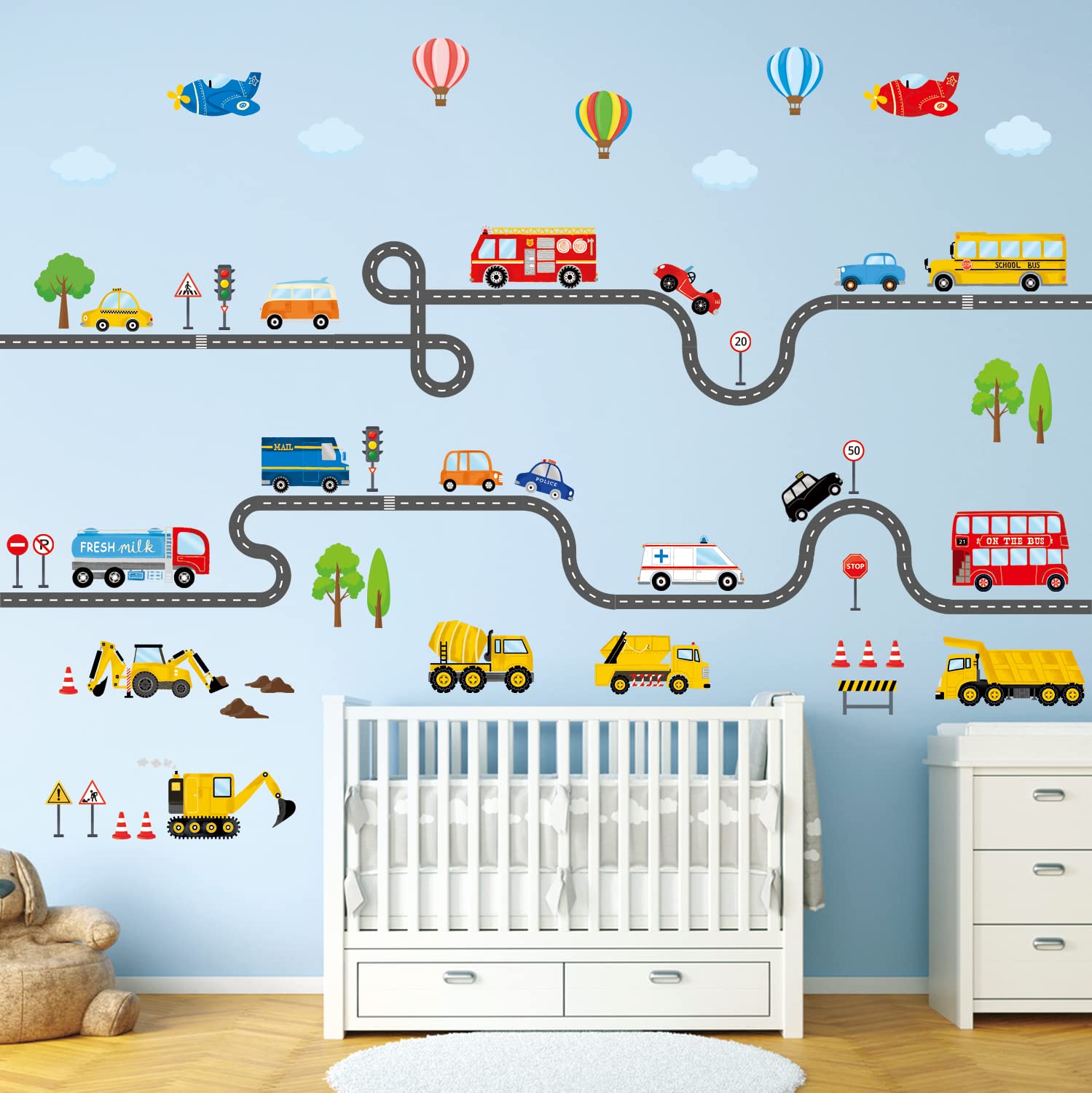 DECOWALL SG3-2308 transport stickers show cars and trucks for vibrant playroom décor and learning