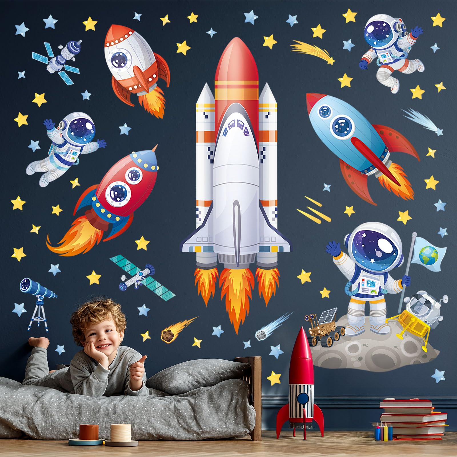 DECOWALL space-scene wall decals brighten playrooms with a playful astronomy theme.