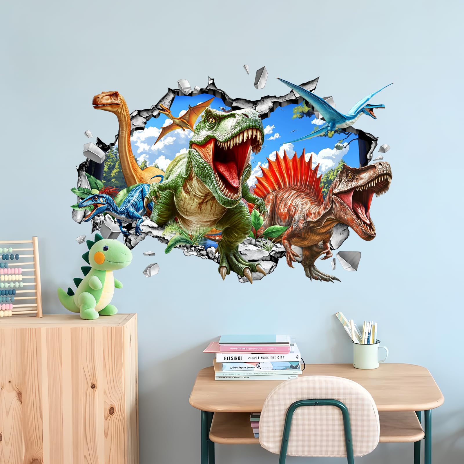 Decvictor 3D dinosaur wall decal breaks through the wall for cinematic impact.