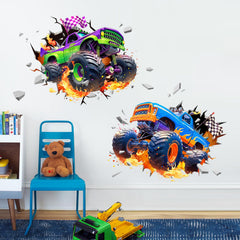Decvictor 3D Racing Car wall decal with two trucks bursting through the wall for dynamic kids' room decor.