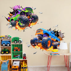 Decvictor 3D Racing Car wall decal two trucks bursting through the wall boosts kids' room energy.