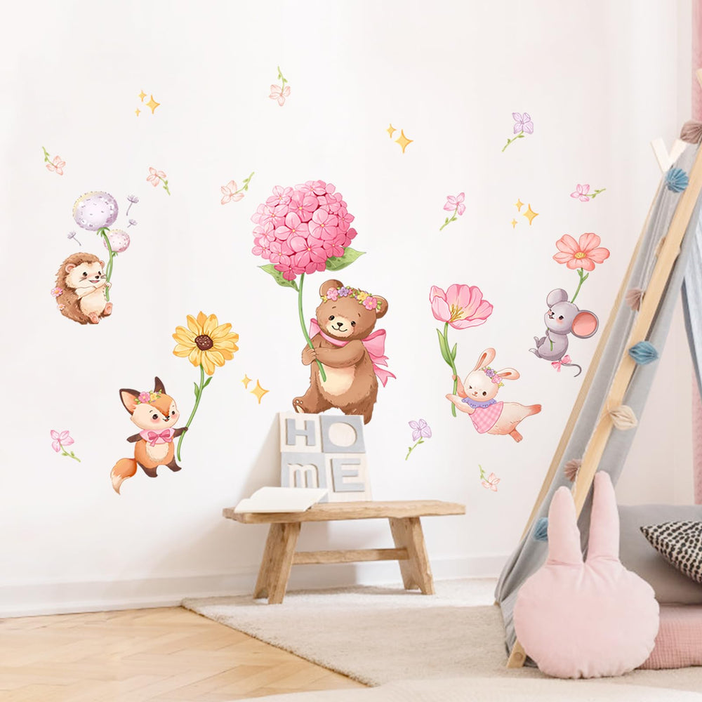 Decvictor pink cartoon animal wall decals bear with flowers for cheerful kids room