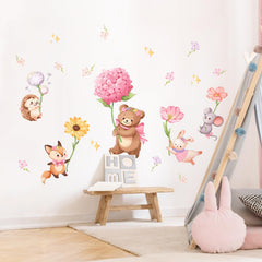 Decvictor pink cartoon animal wall decals bear with flowers for cheerful kids room