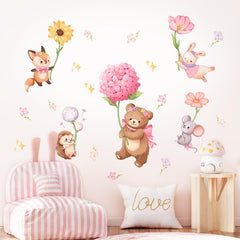 Decvictor pink cartoon animal wall decals fox with flowers for wall art accents