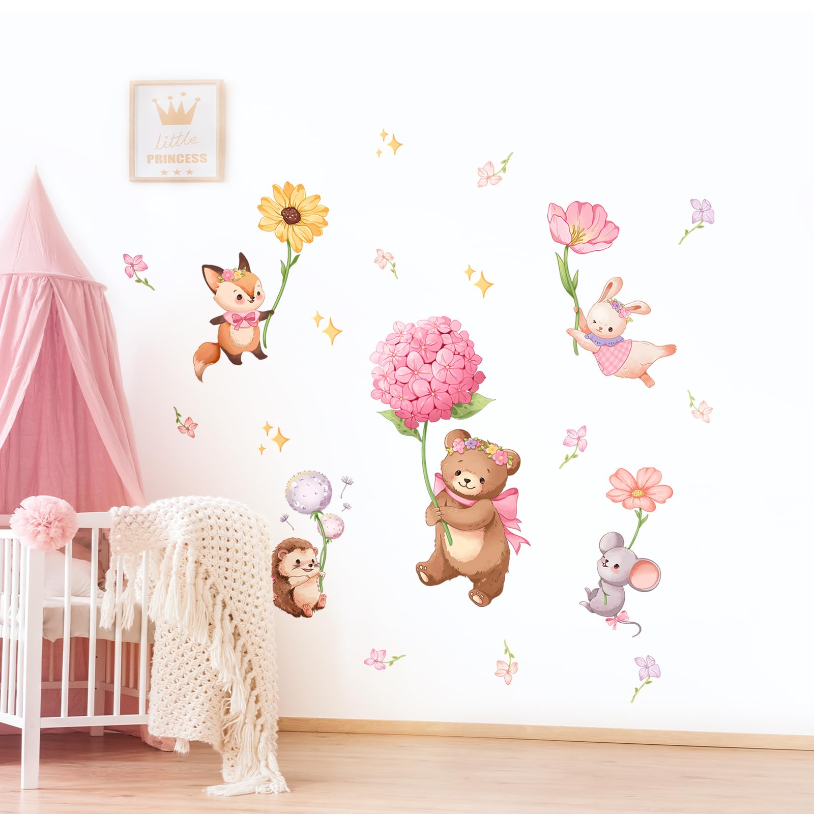 Decvictor pink cartoon animal wall decals hedgehog with flowers for nature vibe