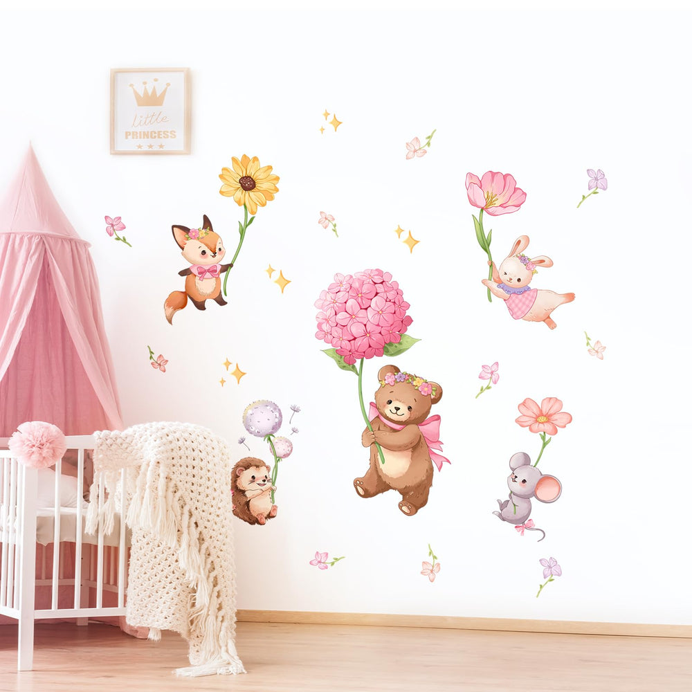 Decvictor pink cartoon animal wall decals hedgehog with flowers for nature vibe