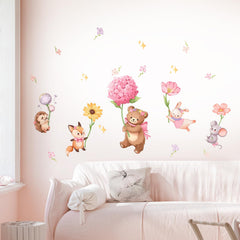 Decvictor pink cartoon animal wall decals rabbit with flowers for playful decor