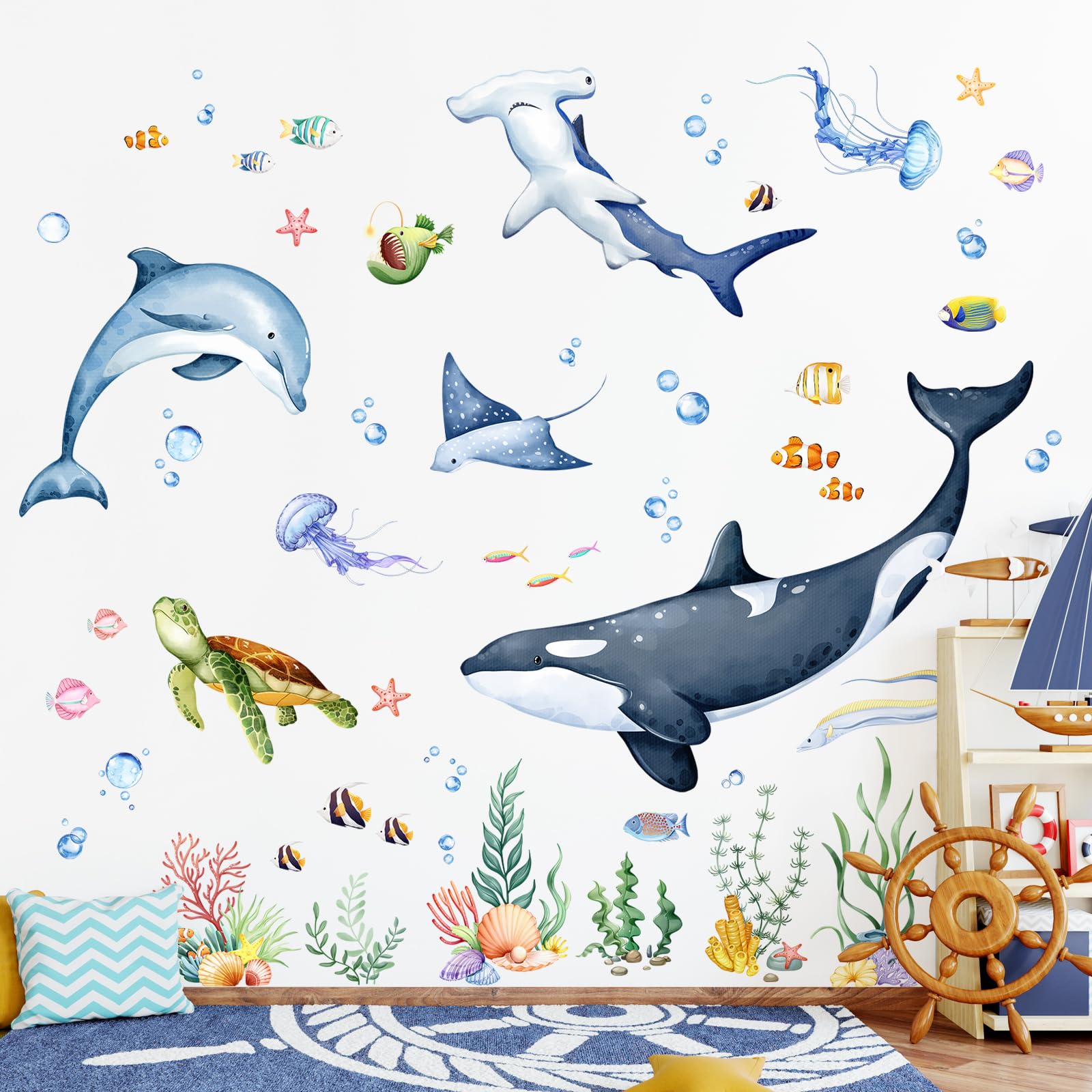 Decvictor Whales Under The Sea decal—whale scene for calming nursery decor