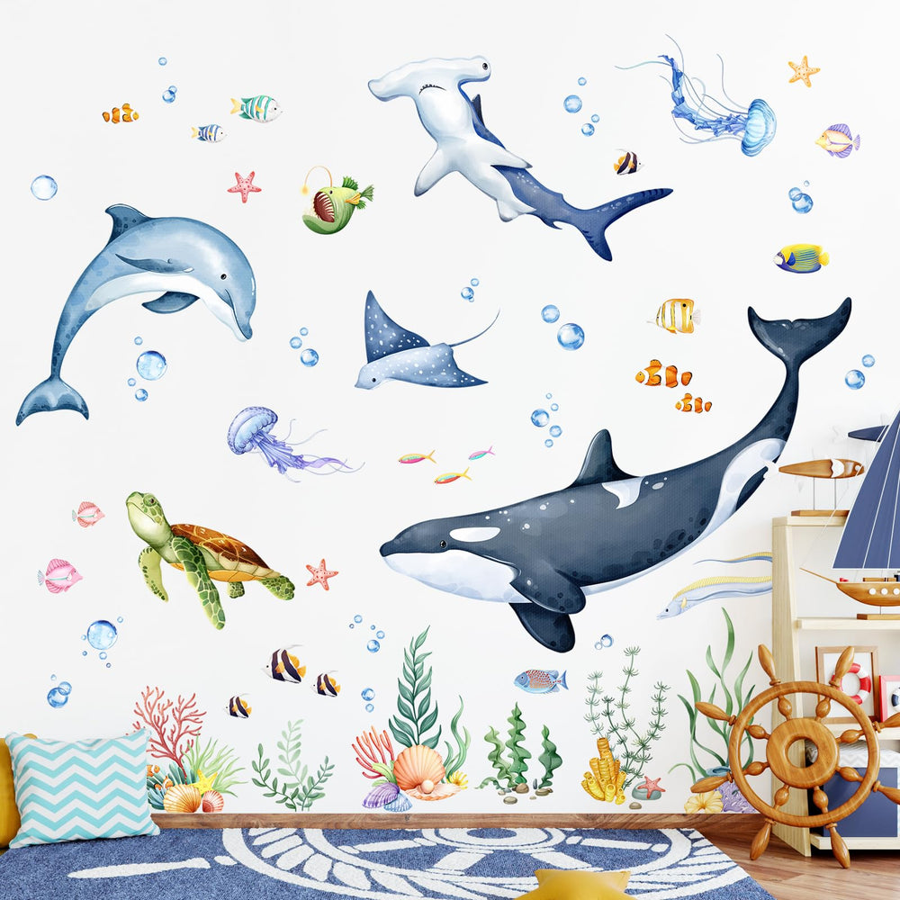 Decvictor Whales Under The Sea decal—whale scene for calming nursery decor