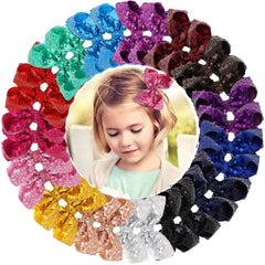 DED sparkly hair bow clip, 4-inch front view, bright glitter for photo-ready styling.