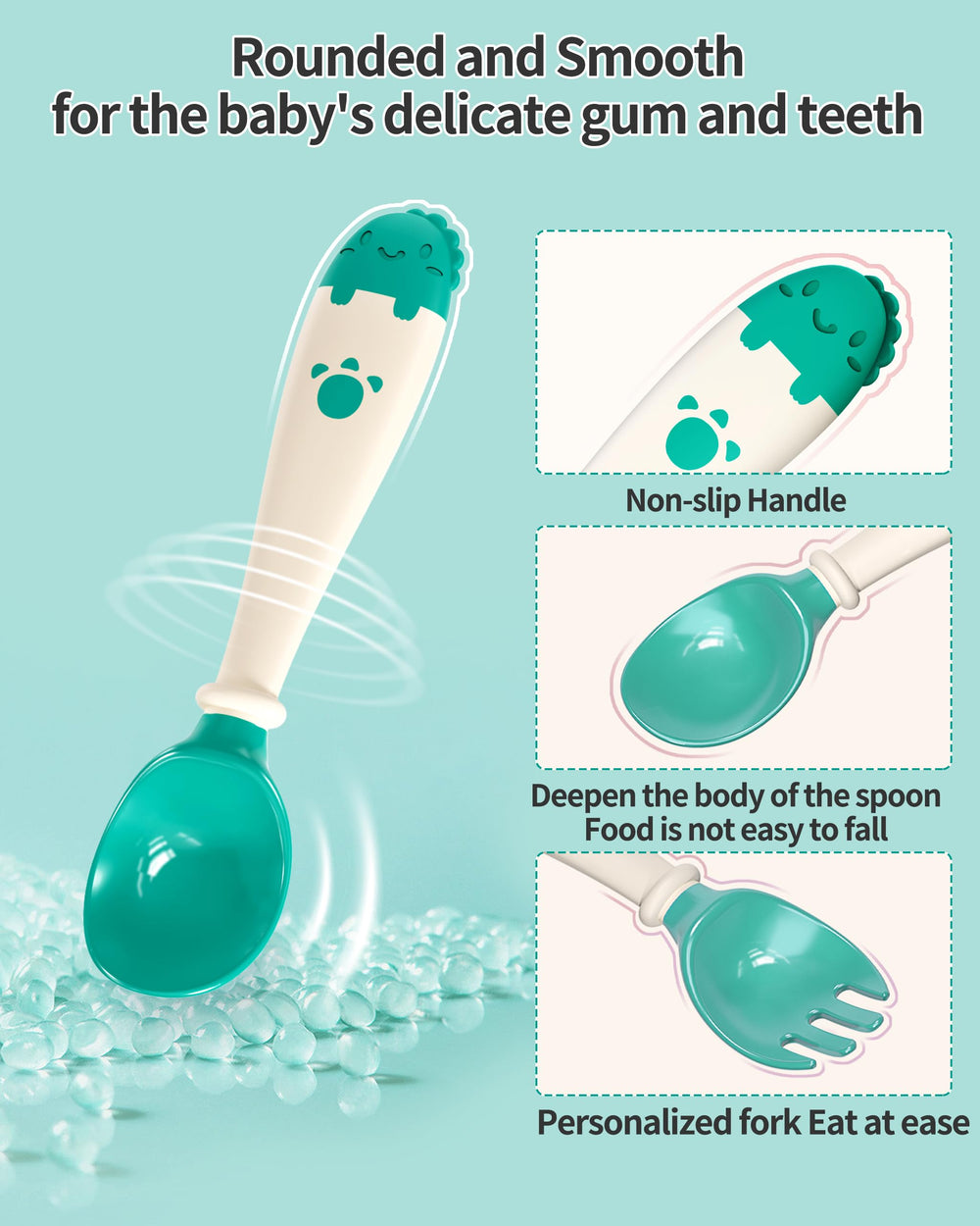 Deejoy silicone spoons and forks provide gentle contact with delicate gums.