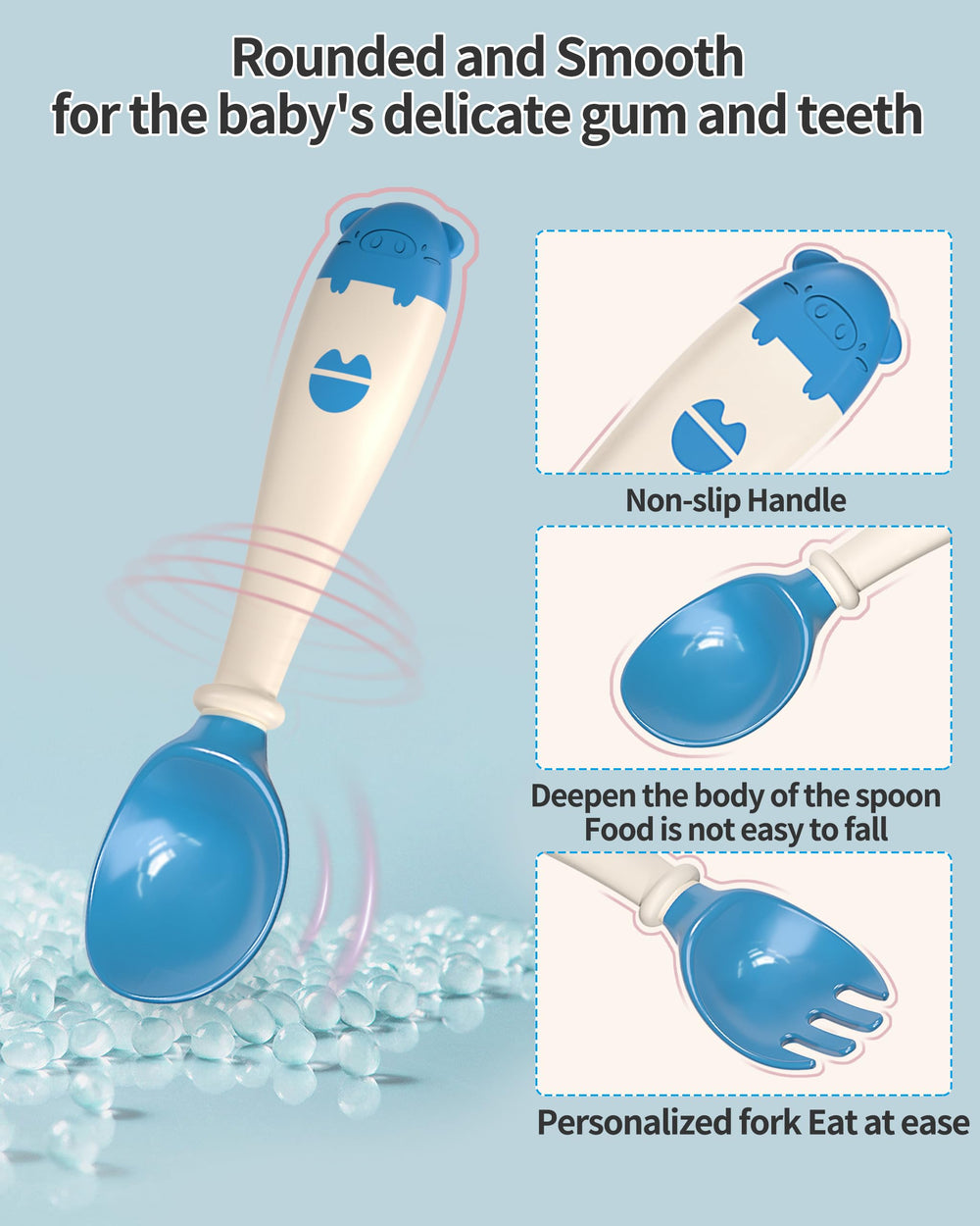 Deejoy spoons and forks with soft rounded tips for gentle self-feeding.