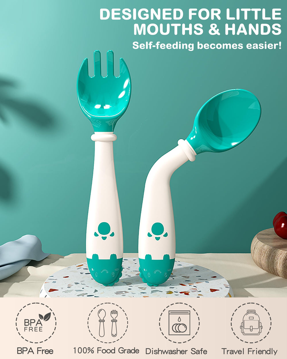 Deejoy bendable-handle utensils highlight silicone grip for easier self-feeding