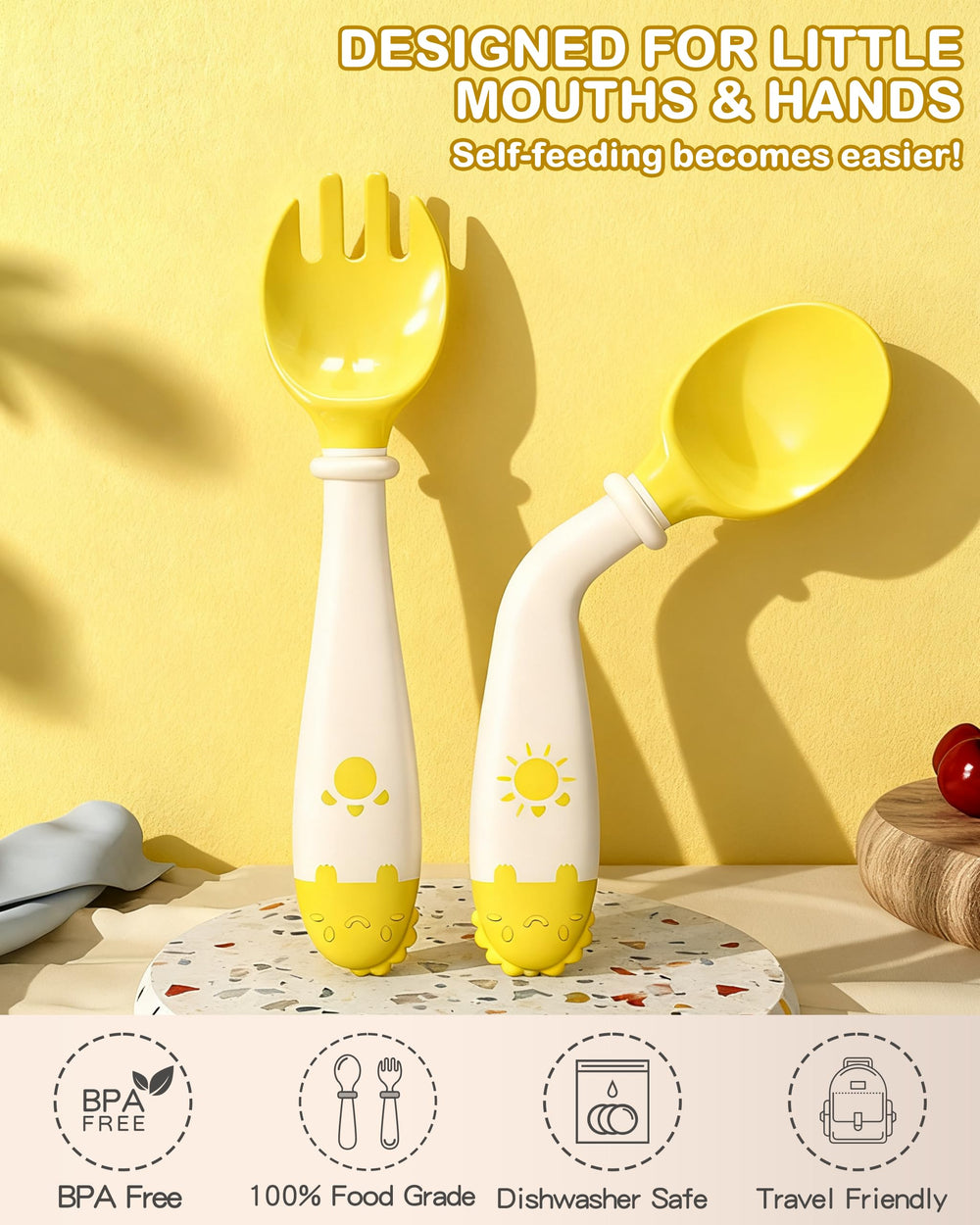 Deejoy utensils in-use during self-feeding practice to build early independence in yellow set.