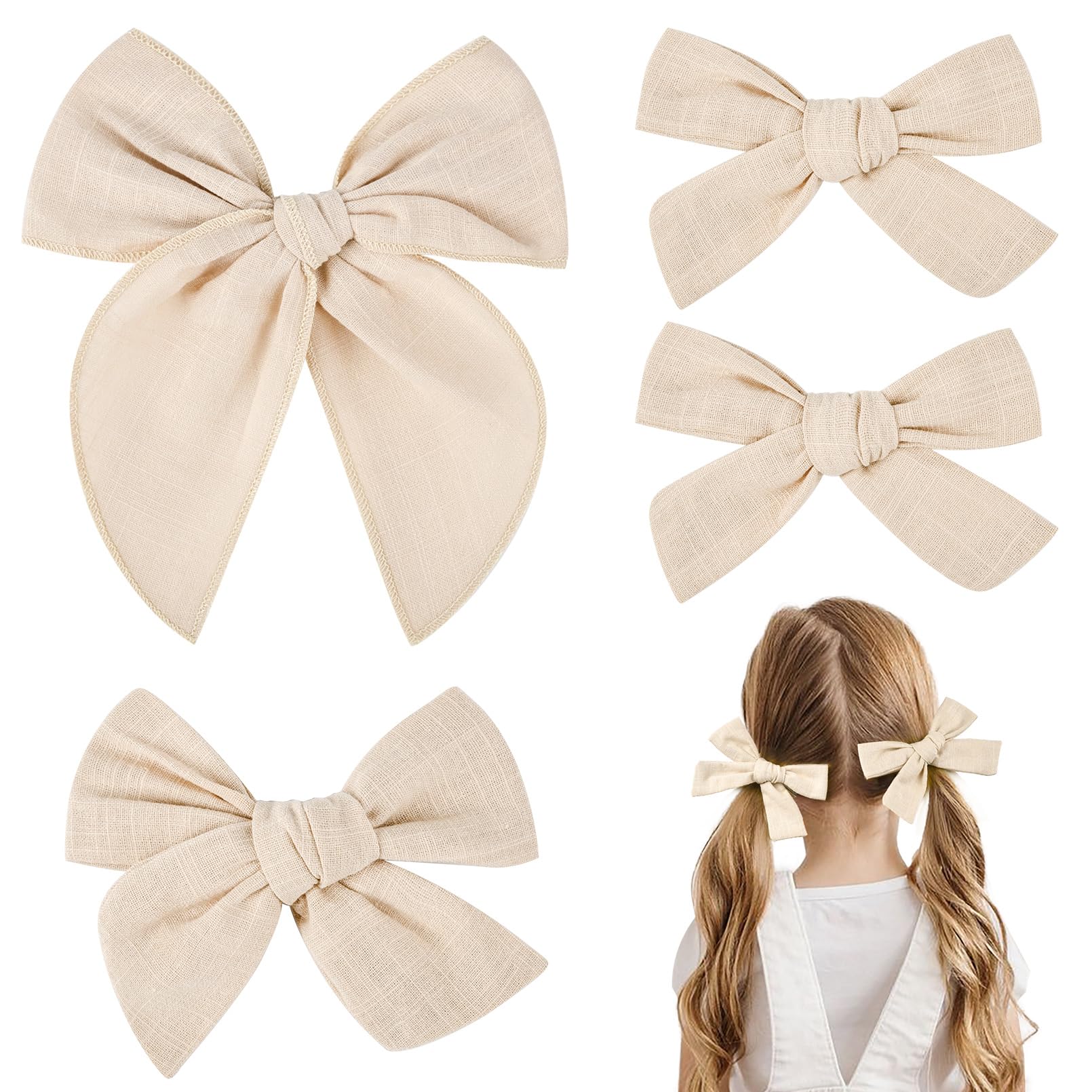 DEEKA beige cotton-linen hair bows 4pcs for versatile toddler styling