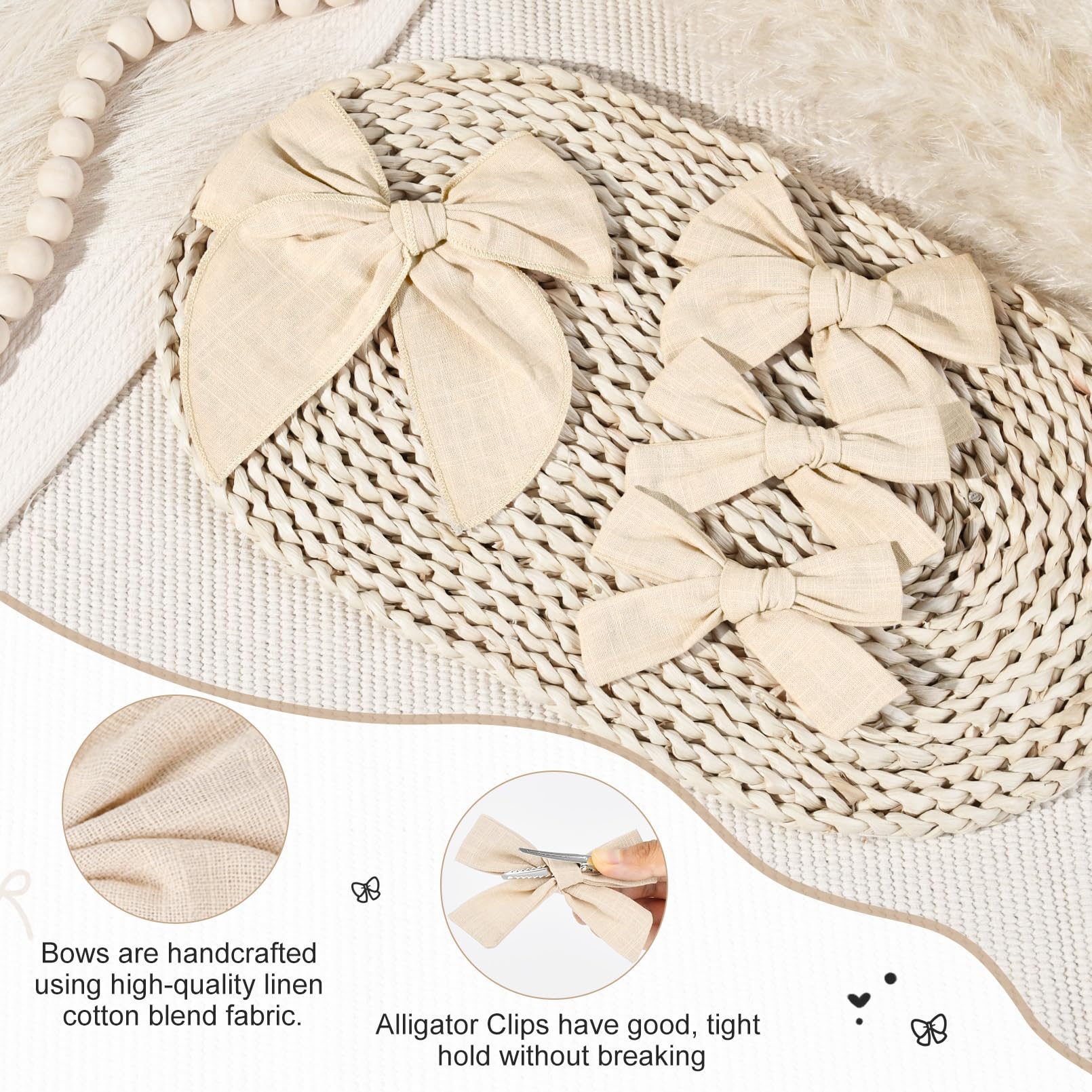 DEEKA beige cotton-linen hair bow with alligator clip close-up for secure grip