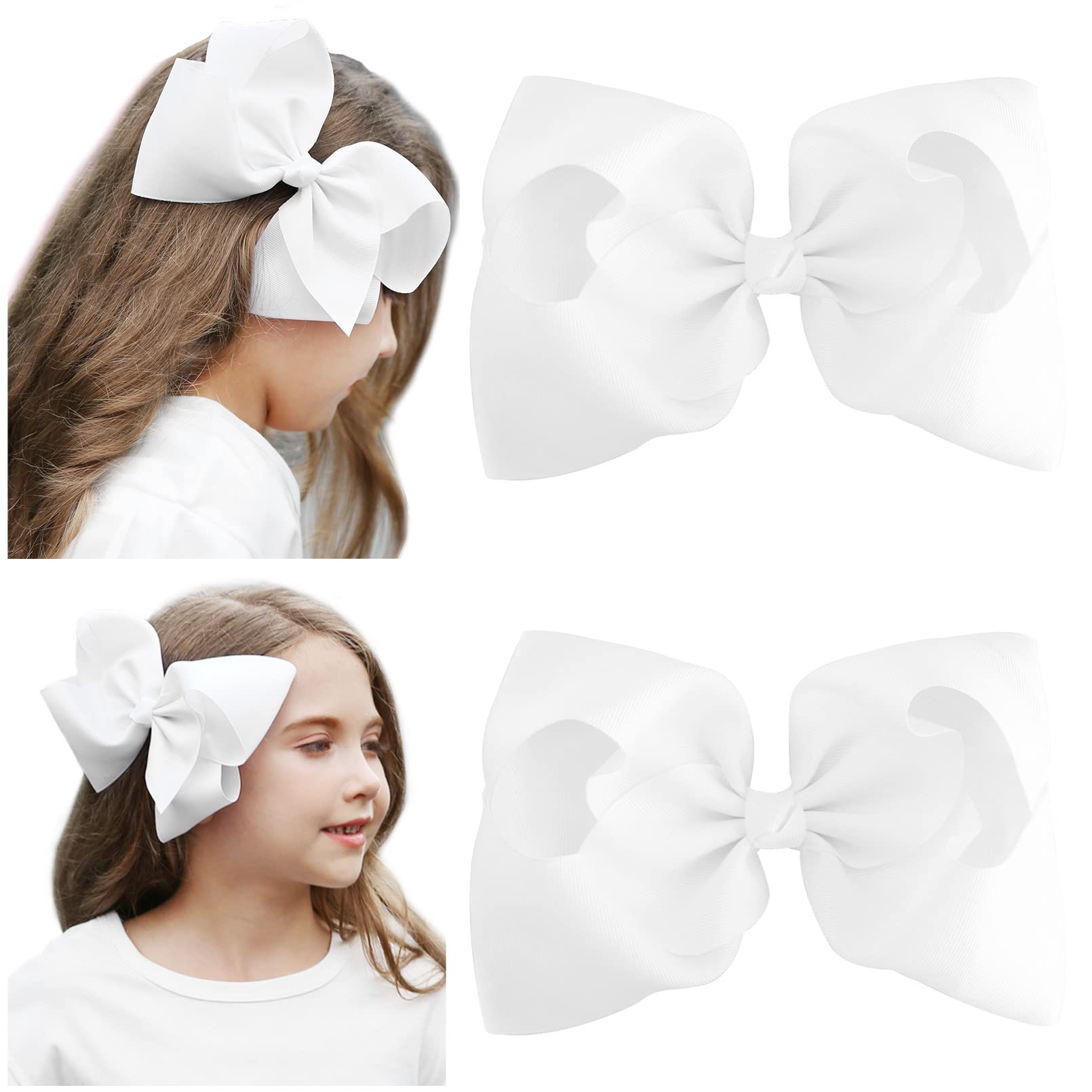 DEEKA big hair bows in white with a secure clip for all-day hold