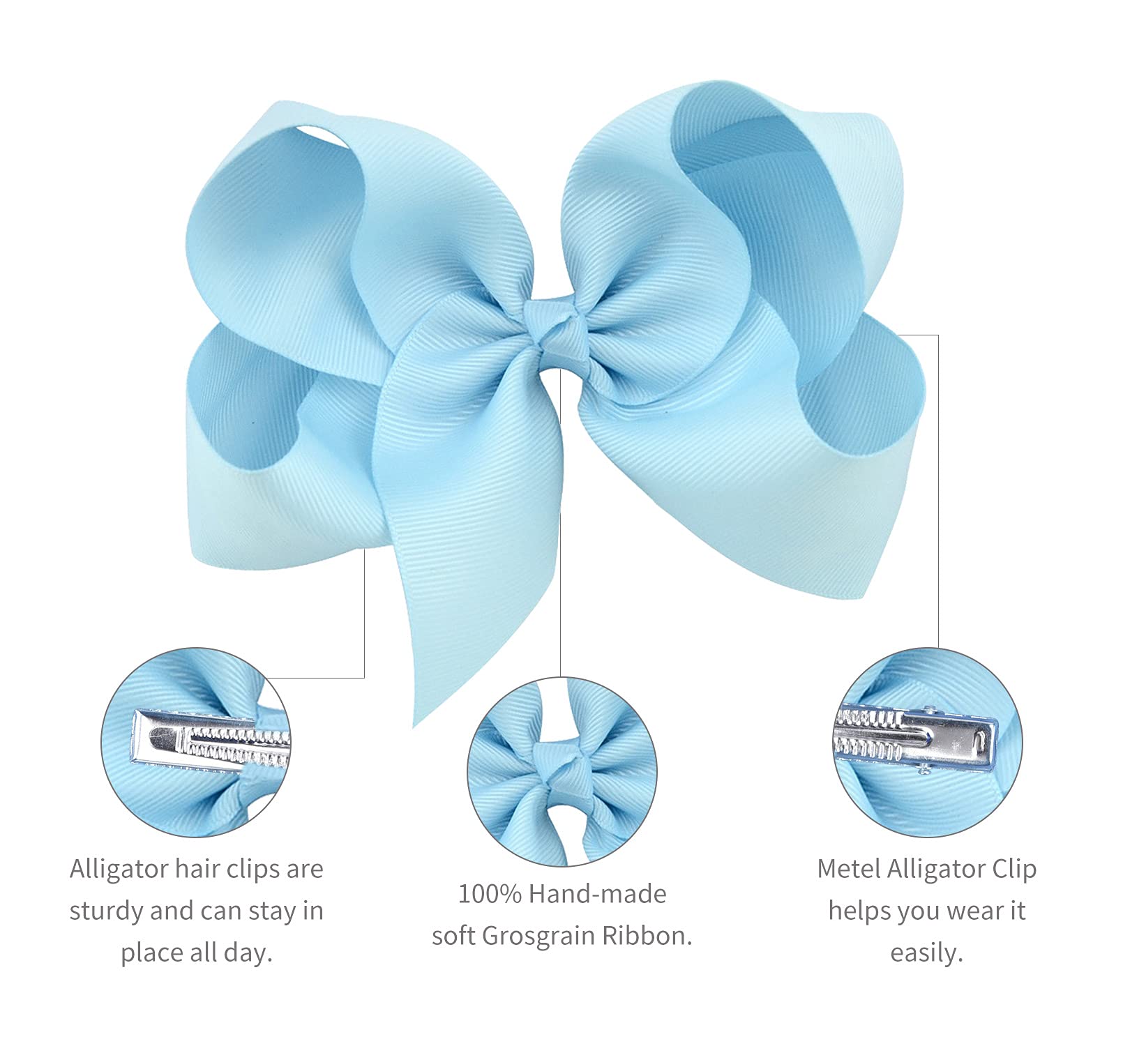 DEEKA light-blue bow worn in hair demonstrates secure all-day hold
