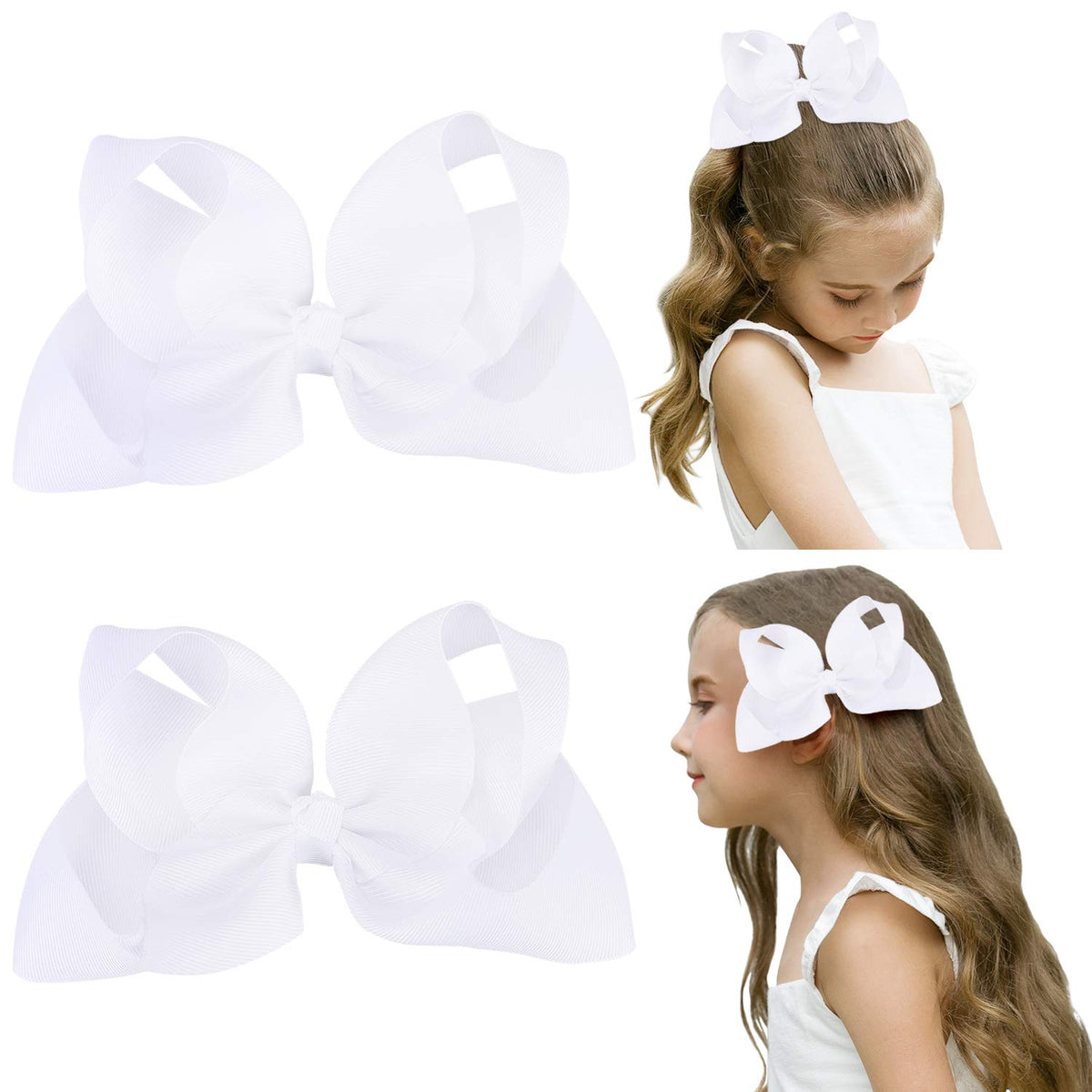 DEEKA white 6-inch bows on clips add cute back-to-school style.