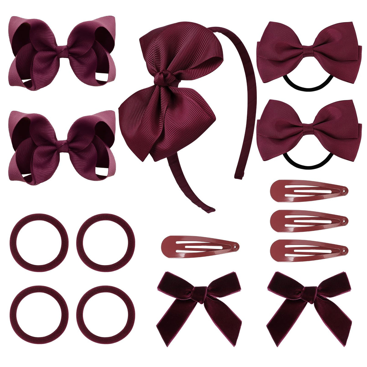 DEEKA burgundy uniform hair accessories 15-piece set laid out for versatile school-day hairstyles
