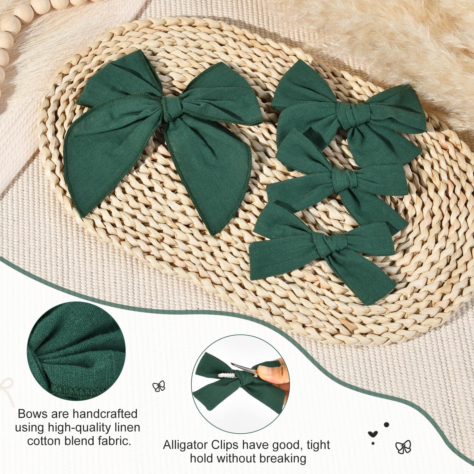 DEEKA dark green cotton linen hair bows in 4-inch size with clip for secure hold.