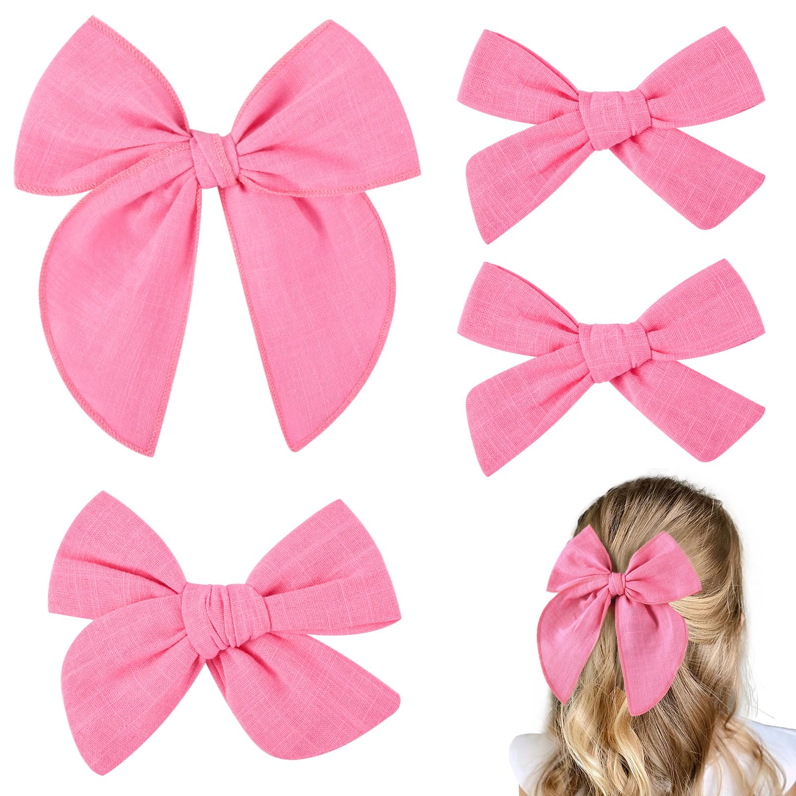 DEEKA hot pink cotton linen bow with alligator clip closeup, gentle on sensitive skin.