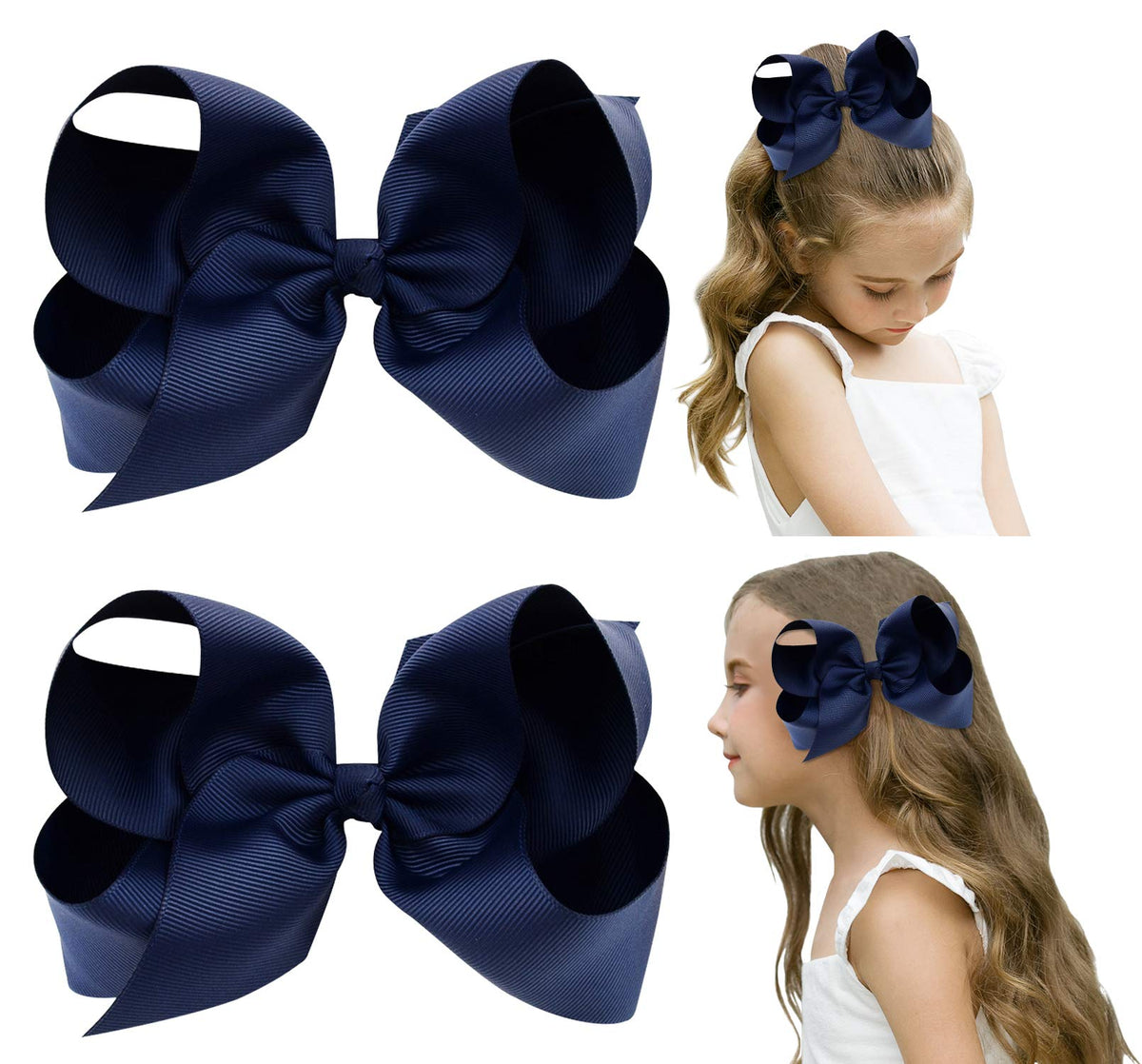 DEEKA navy-blue 6in hair bows closeup with durable grosgrain texture for daily wear