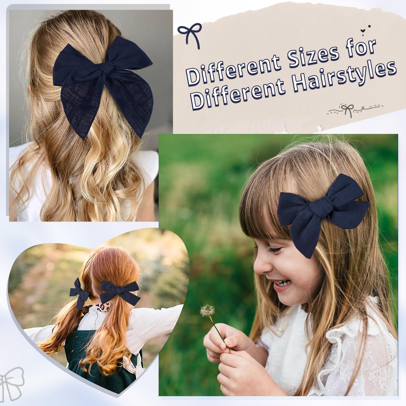 DEEKA navy blue 5-inch bow with alligator clip, lightweight and gentle on delicate hair