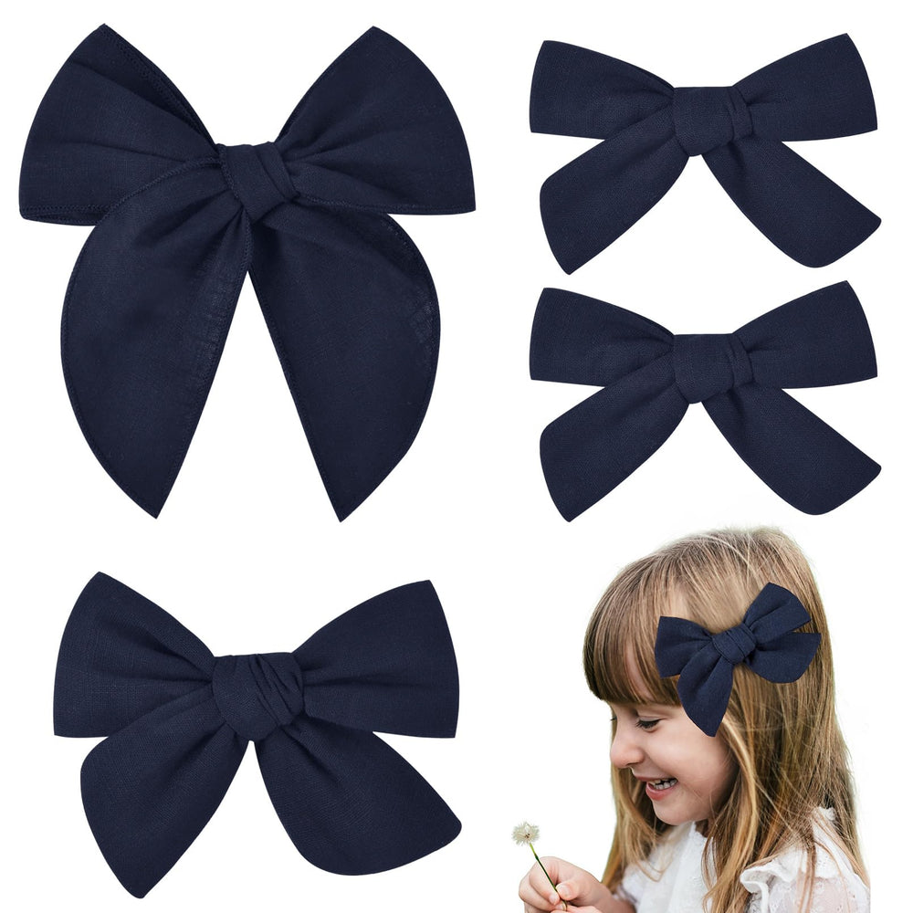 DEEKA navy blue cotton-linen hair bows 4-piece set with clips for versatile everyday styling