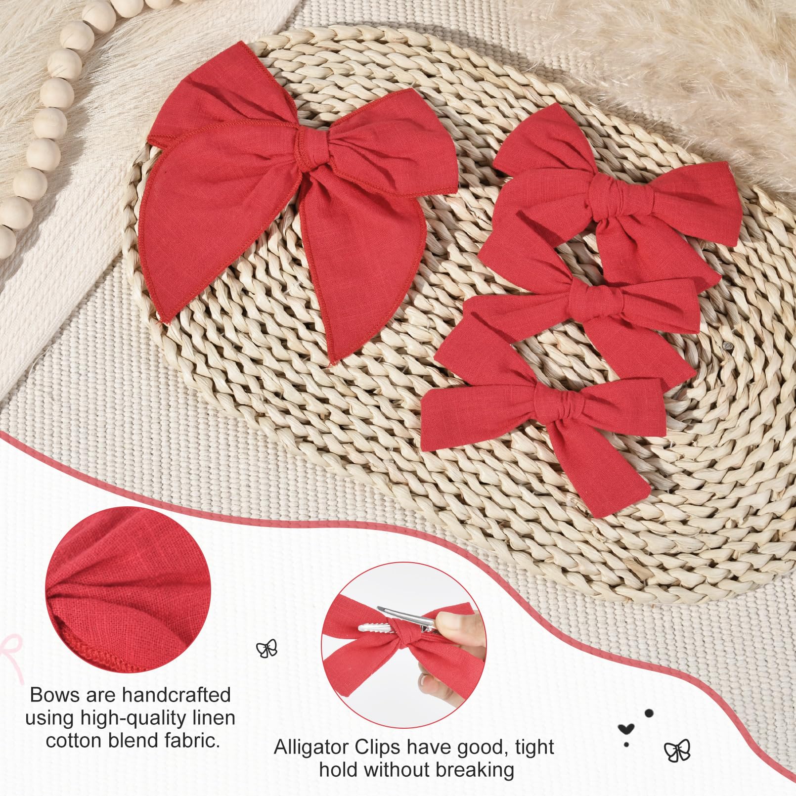 DEEKA red cotton linen hair bows alligator clip closeup adding secure grip