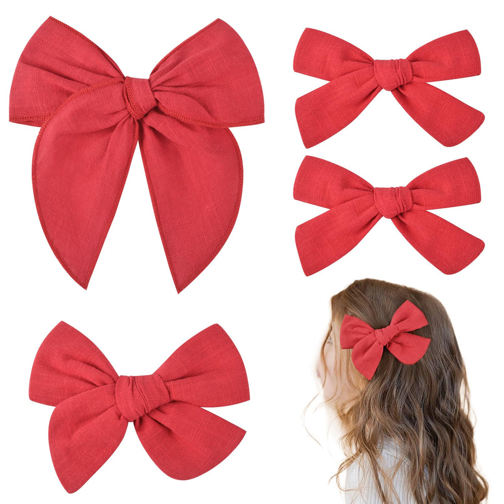DEEKA red cotton linen hair bows clip set in 5in and 4in for versatile styles