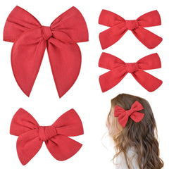 DEEKA red cotton linen hair bows clip set in 5in and 4in for versatile styles