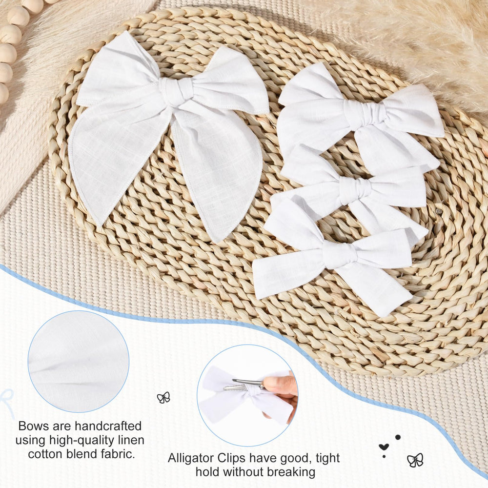 DEEKA white cotton-linen bow 4in with alligator clip on hair; secure, easy styling
