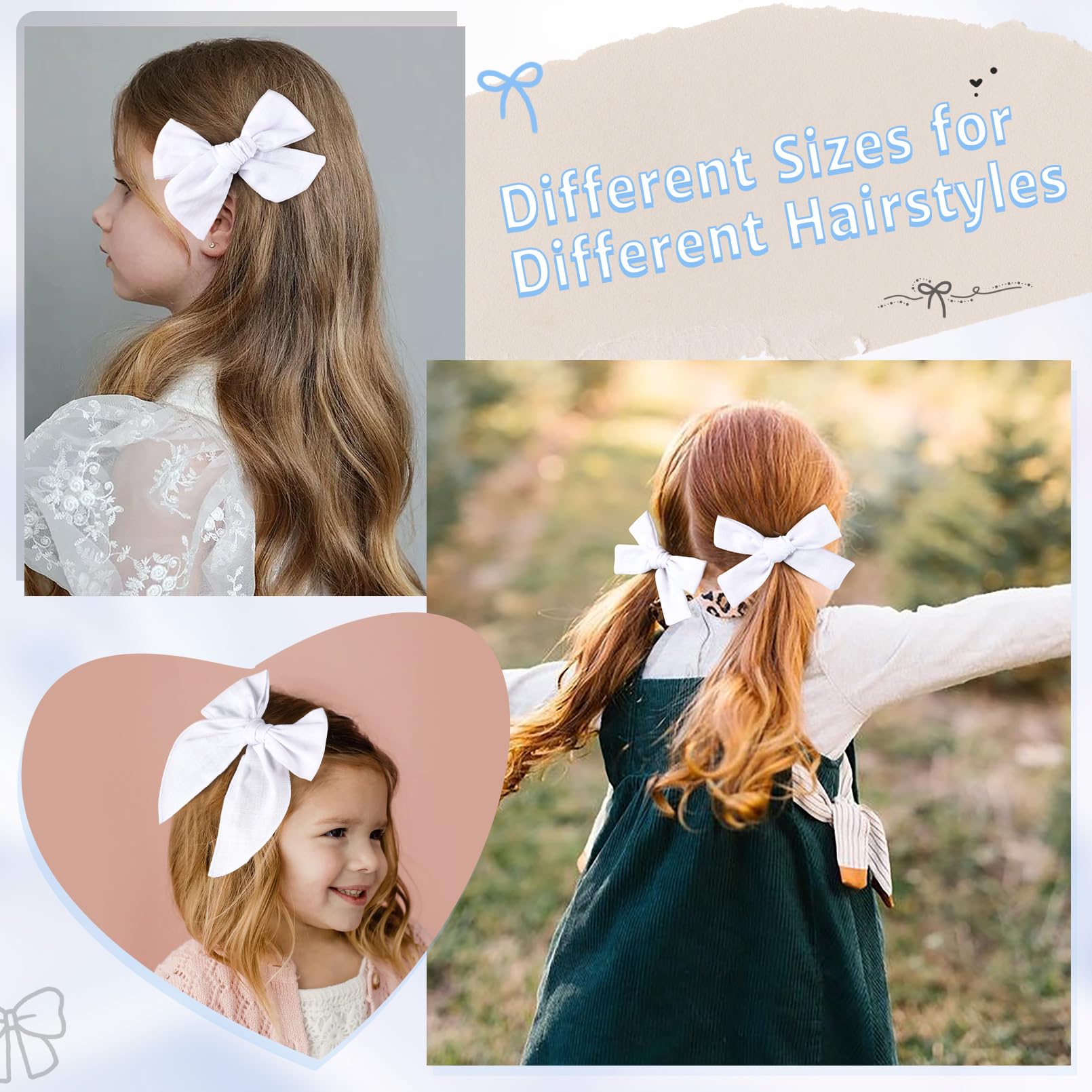 DEEKA white cotton-linen bow 5in knot style; versatile for school outfits
