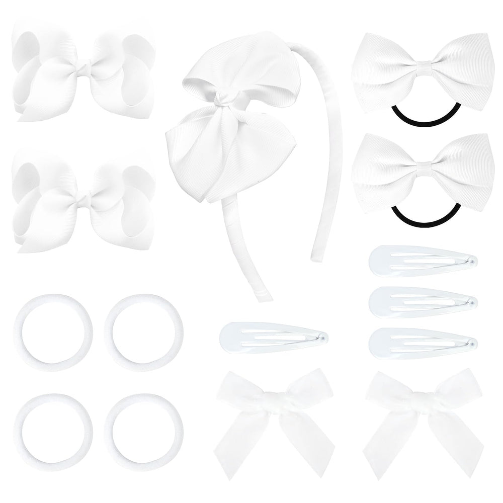 DEEKA white hair accessories set overview showing a 15-piece collection for versatile toddler hairstyles