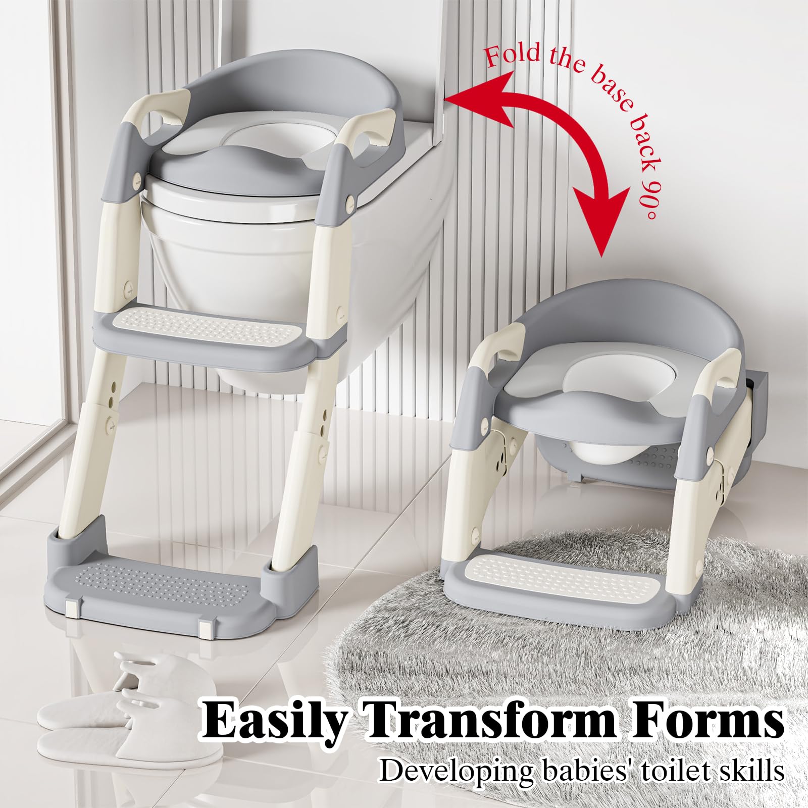 DEEKI 3-in-1 potty seat close-up highlights soft-grip handle for safer transfers.