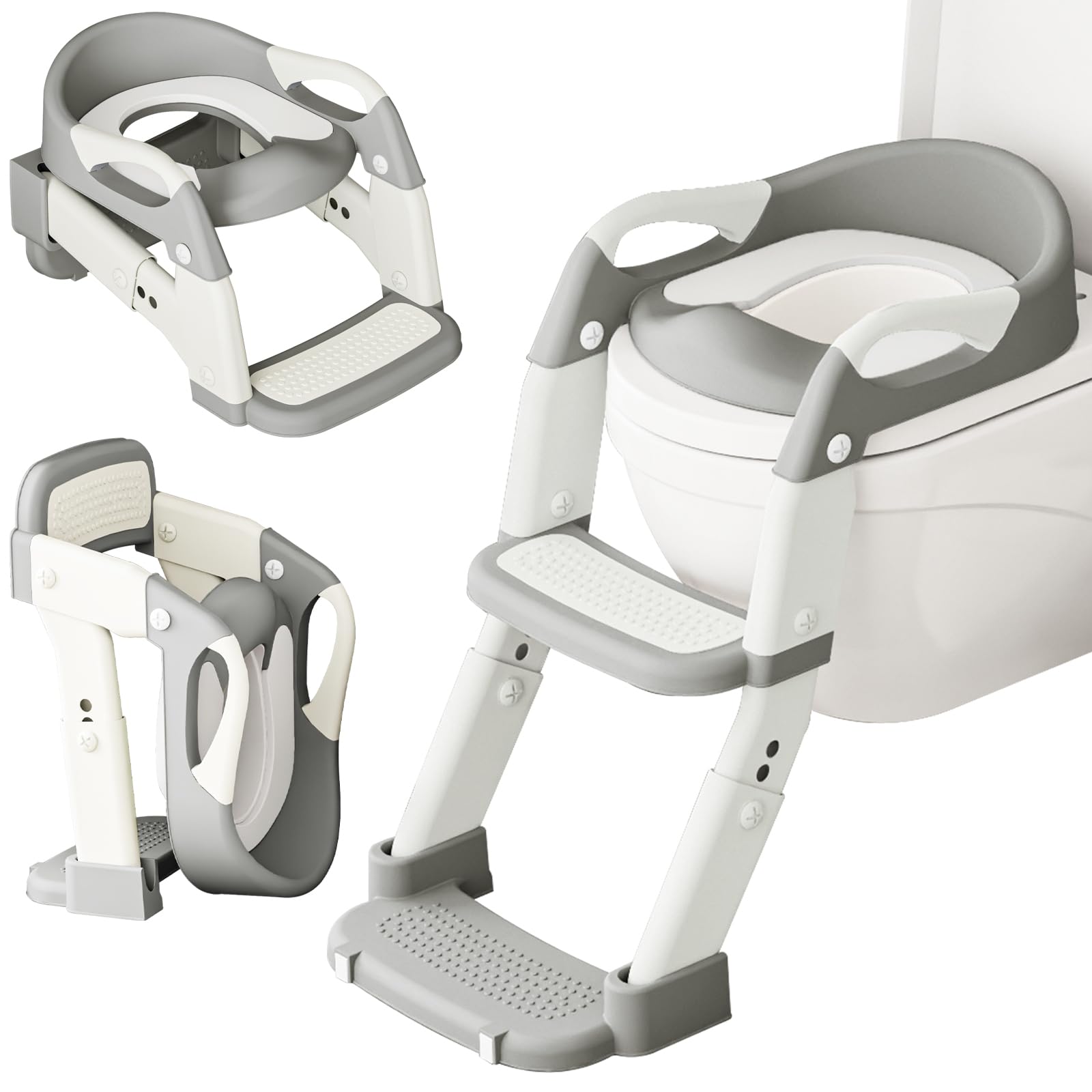 DEEKI 3-in-1 potty seat with ladder grey, compact foldable design for space-saving bathroom.
