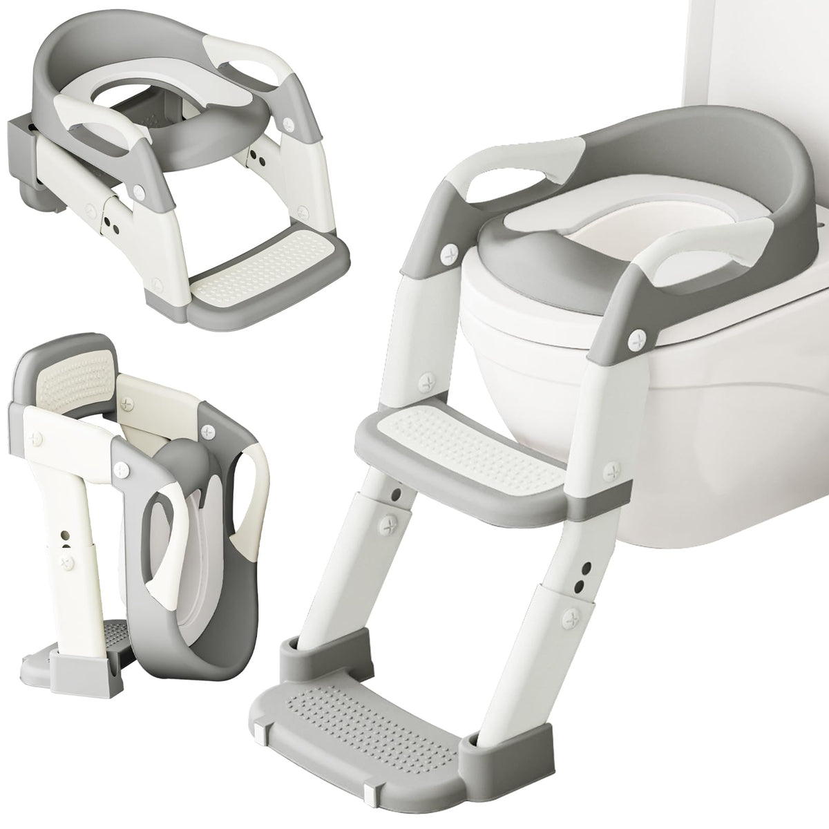 DEEKI 3-in-1 potty seat with ladder grey, compact foldable design for space-saving bathroom.